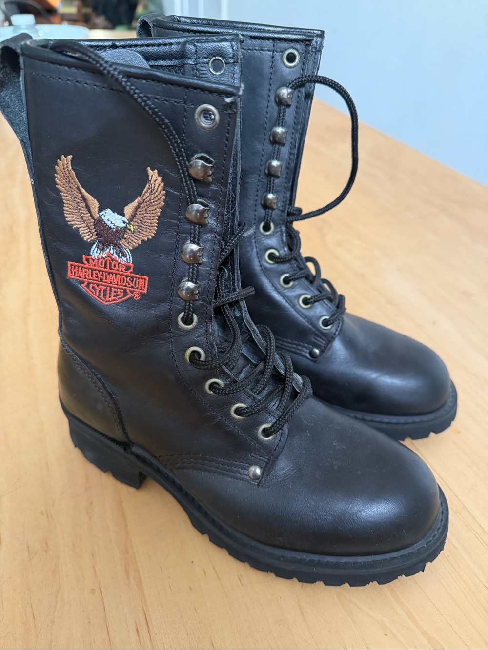 Harley-Davidson Black Lace-Up Women's Motorcycle Boots with embroidered eagle